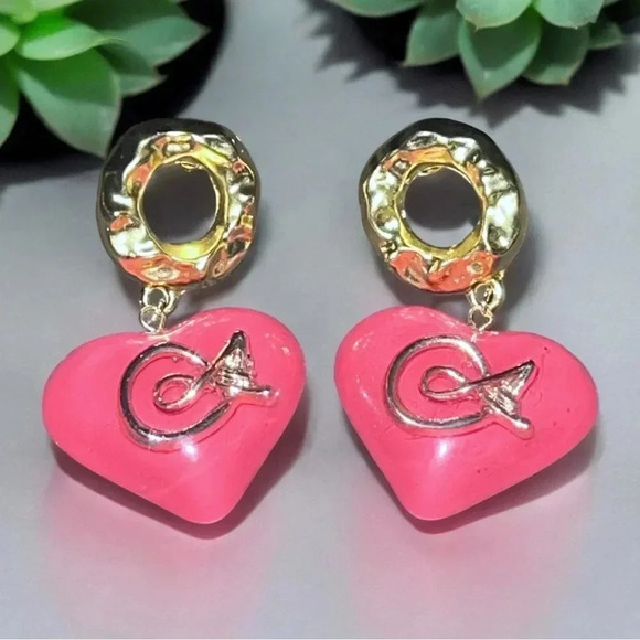 Heart Lucite Gold Dangle Pierced Earrings - Picture 1 of 4